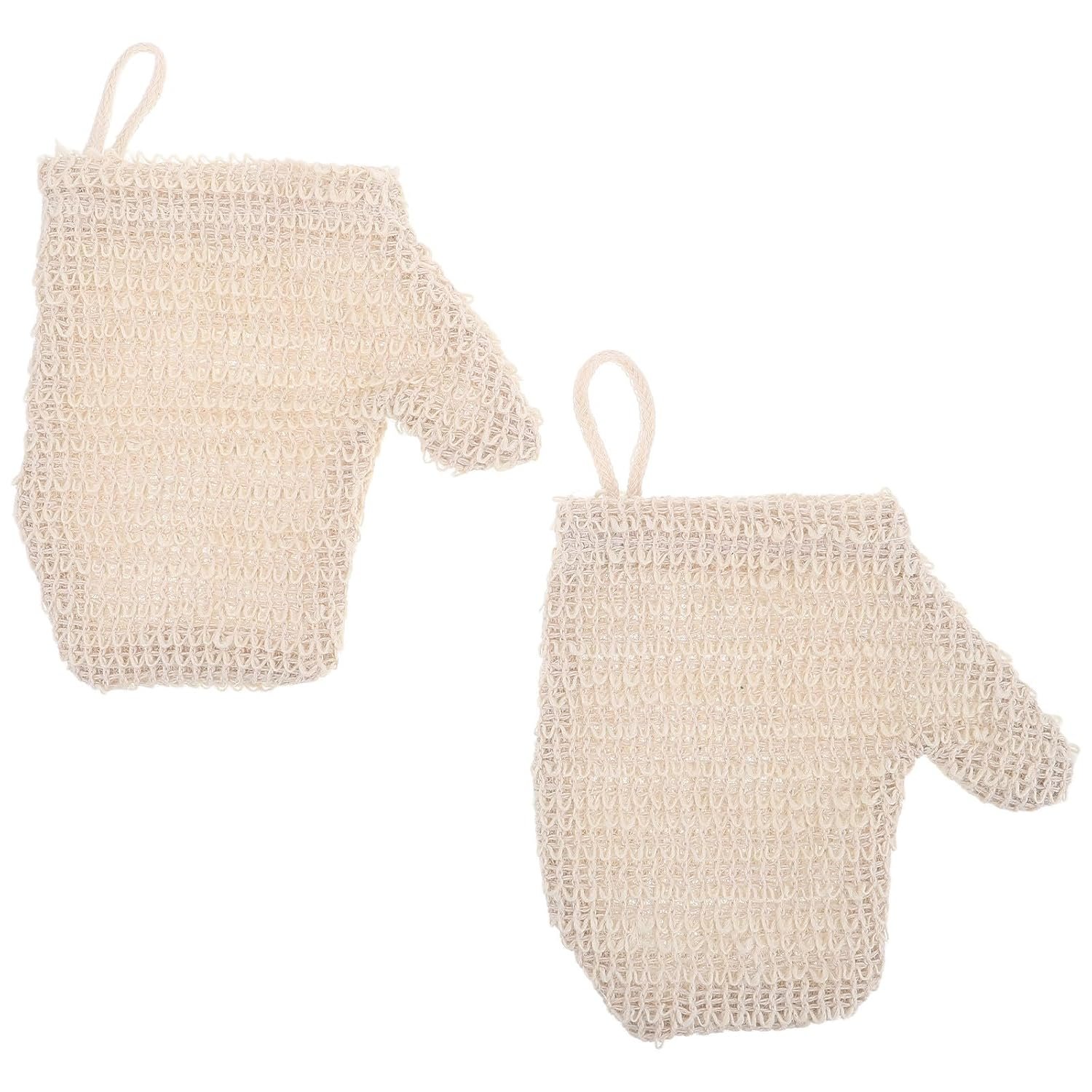 2-Pack Cotton Linen Exfoliating Bath Gloves | Deep Cleansing Body Care Tool | Beige, Unisex
