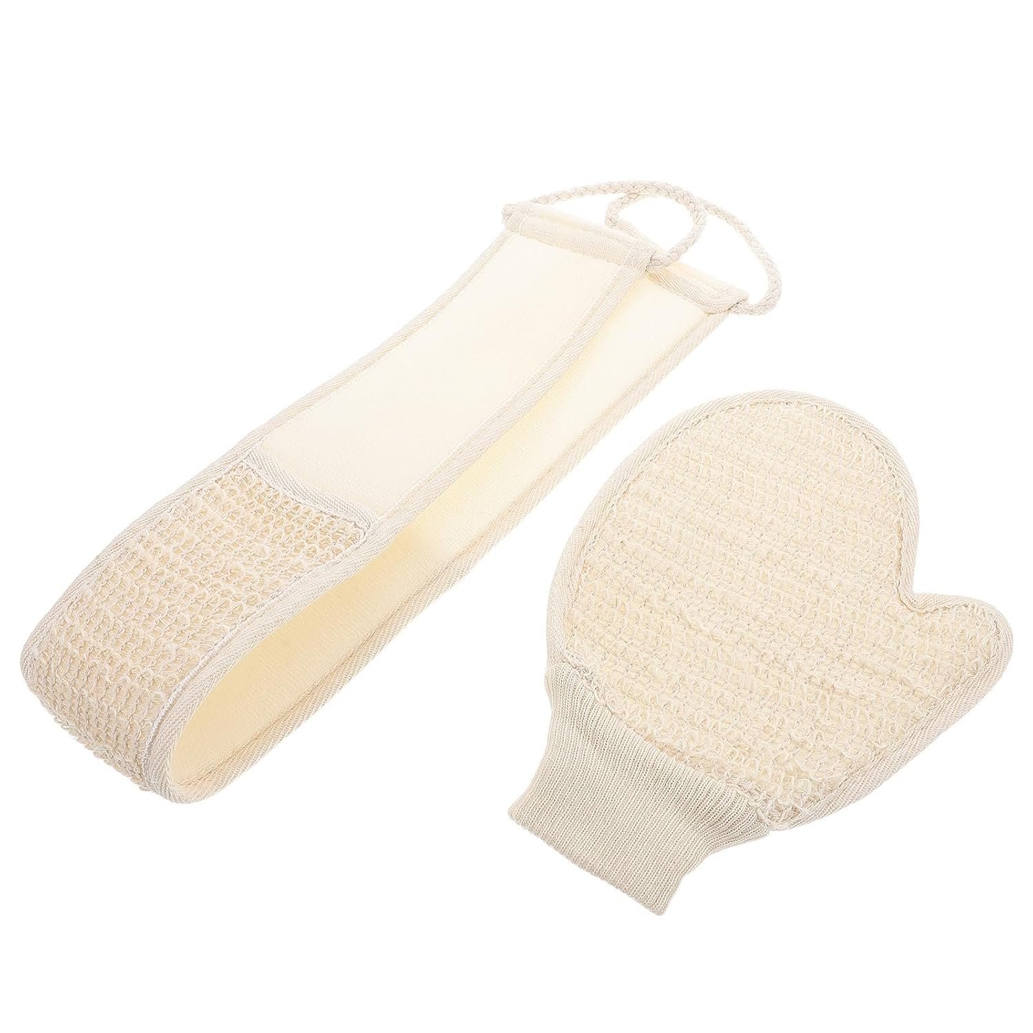Body Cleansing Exfoliating Gloves | Includes Back Scrub Strap | Portable Cotton-Linen Set (Unisex)