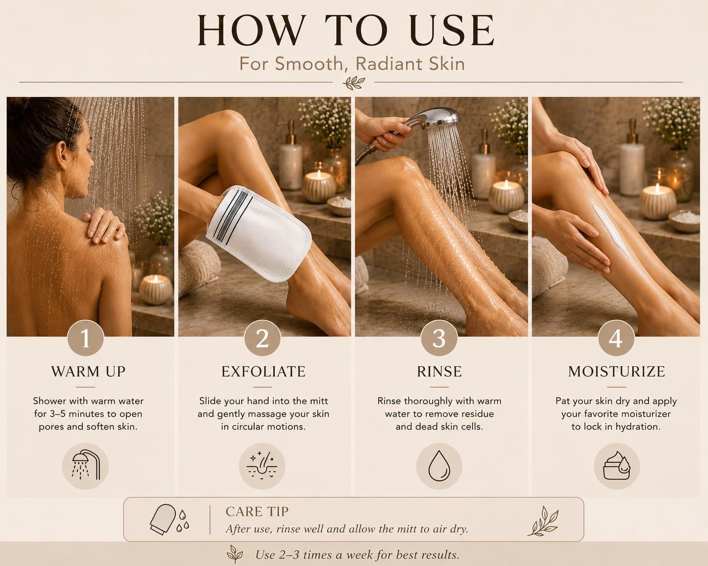 Exfoliating Bath Gloves | Beige Deep Cleansing Tool | Dual-Use for Body and Face (Removes Dead Skin) - Image 2